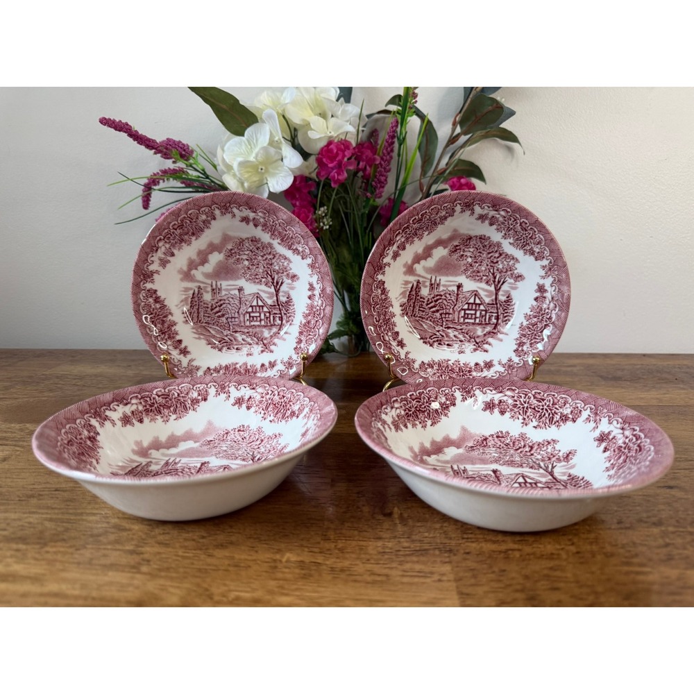 Churchill The Brook Pink Set of 4 Cereal Bowls England Transferware Cottage